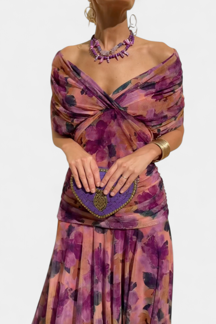 Abigail Long Floral Dress with V-Neck - Elena Harper