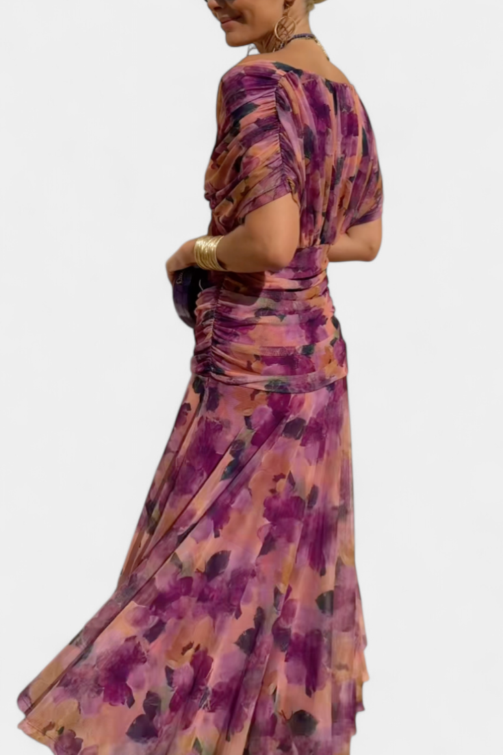 Vivian Long Flower V-neck Dress - Elena Harper