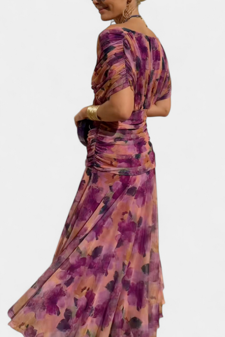 Vivian Long Flower V-neck Dress - Elena Harper