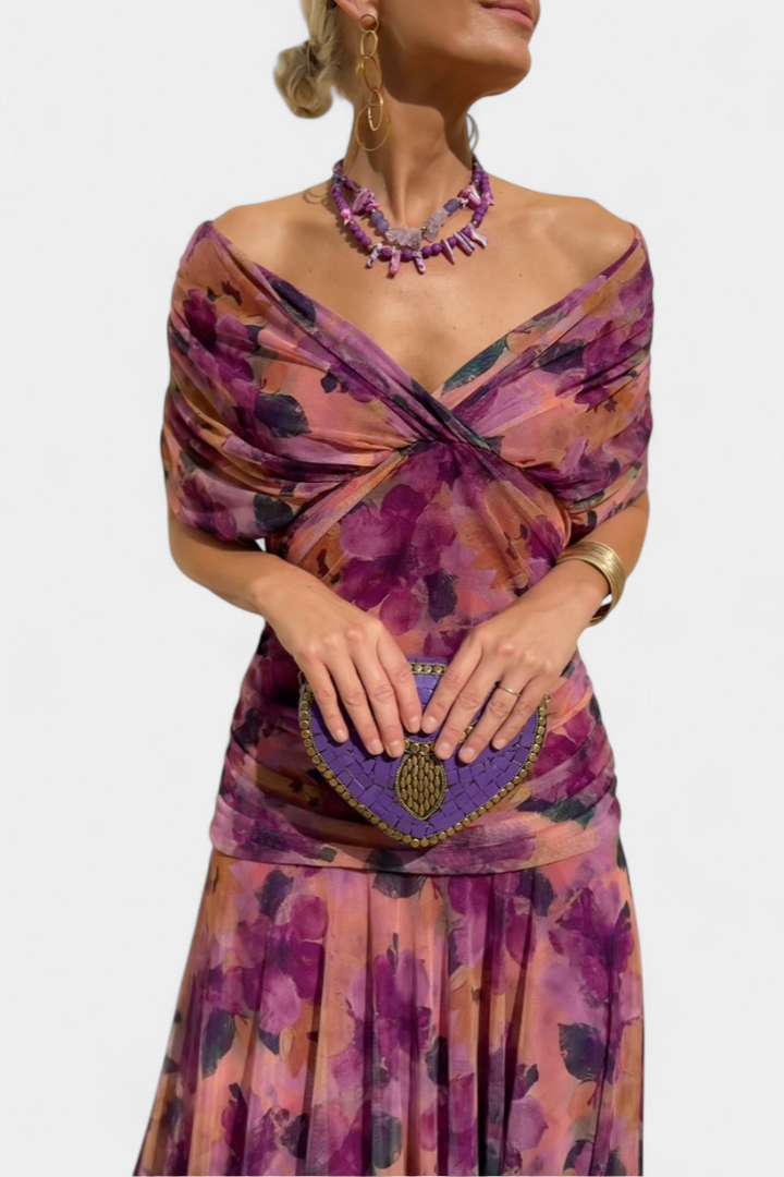 Abigail Long Floral Dress with V-Neck - Elena Harper