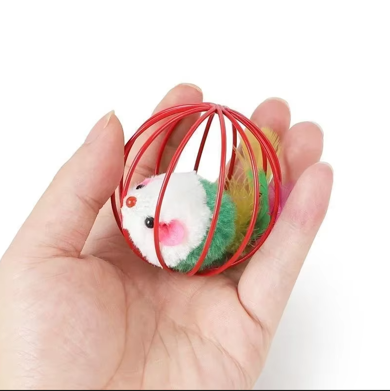Cat's Interactive Caged Mouse Toy with Feather Tail