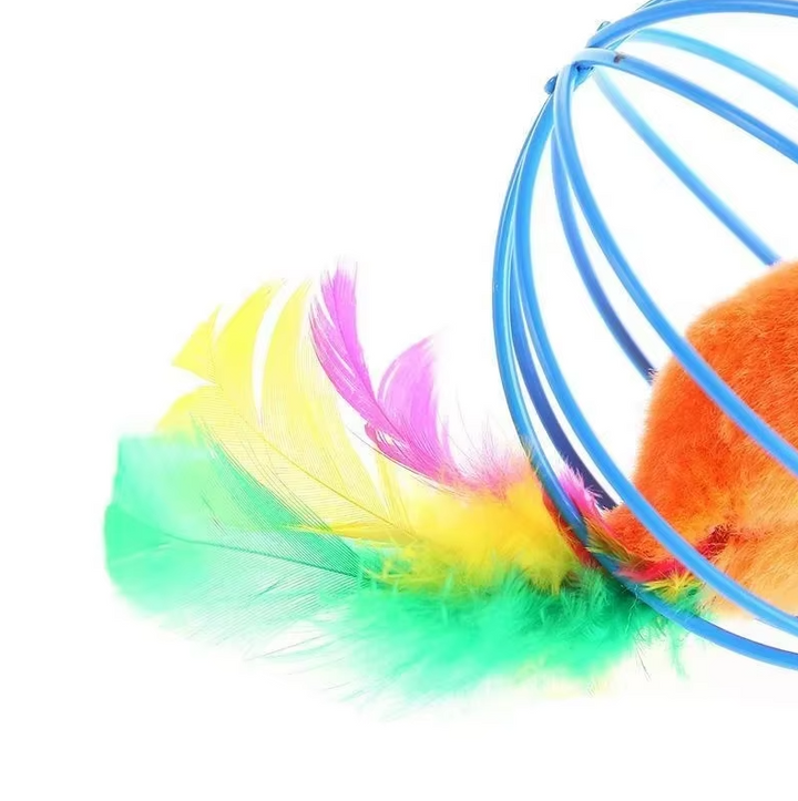 Cat's Interactive Caged Mouse Toy with Feather Tail