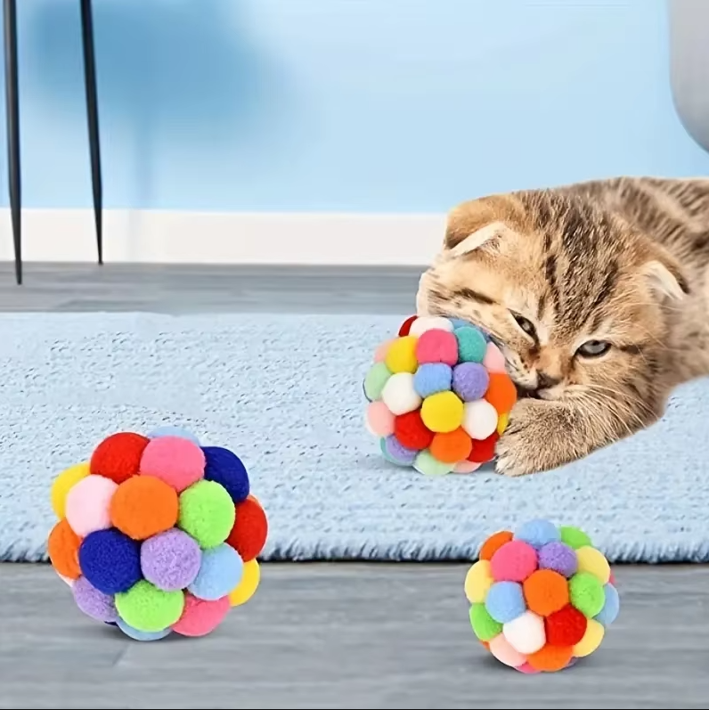 Colourful Pompom Cat Ball - Soft Interactive Toy For House Cats
