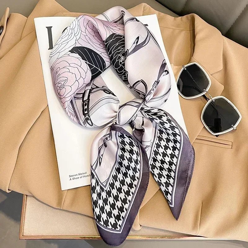 Printed Satin Square Scarf for Women - Hair and Bag Accessory