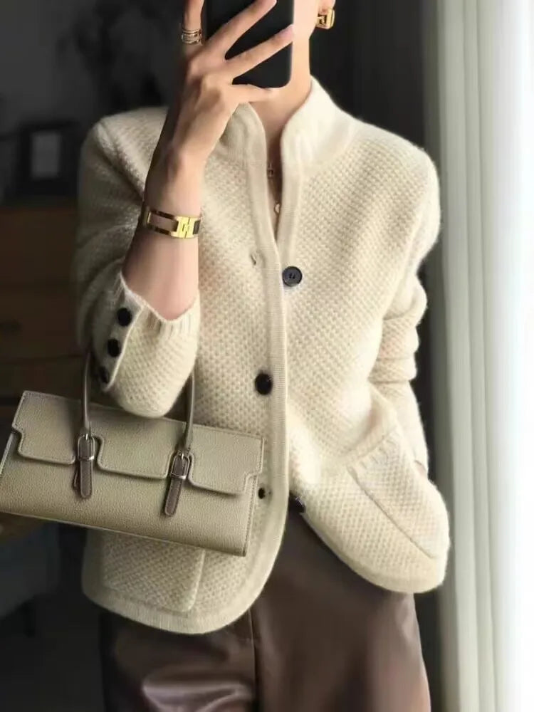 Elara | Structured Knit Cardigan with Modern Stand Collar for Women