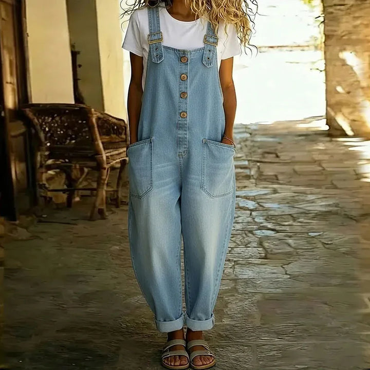 Mara Vintage Soft Cotton Denim-Look Overalls with Adjustable straps - Elena Harper