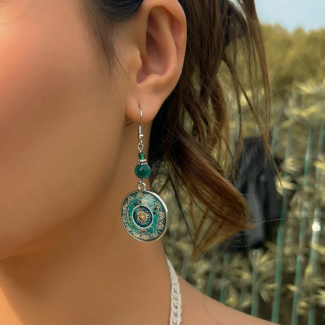 Boho Mandala Glass Disc Drop Earrings - Elena Harper