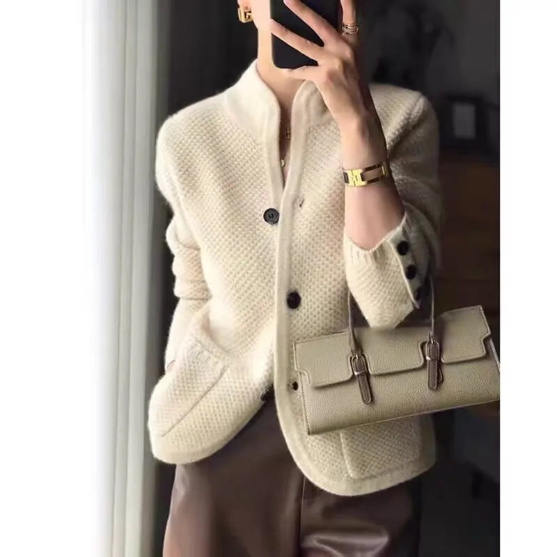 Elara | Structured Knit Cardigan with Modern Stand Collar for Women