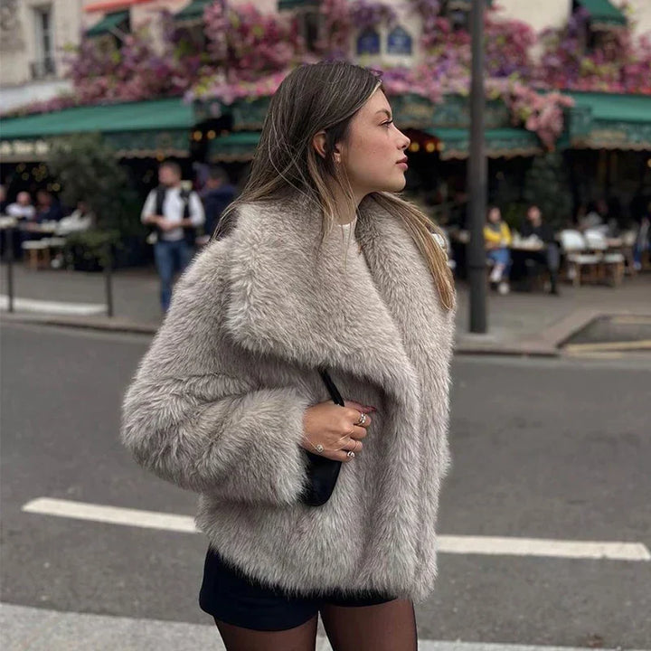 Corinne Faux Fur Coat with Oversized Shawl Collar for Women - Elena Harper