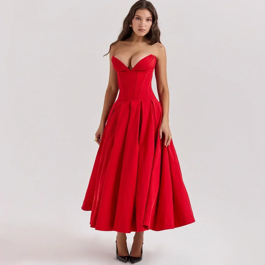Aria Sleek Strapless Pleated Midi Dress - Elena Harper