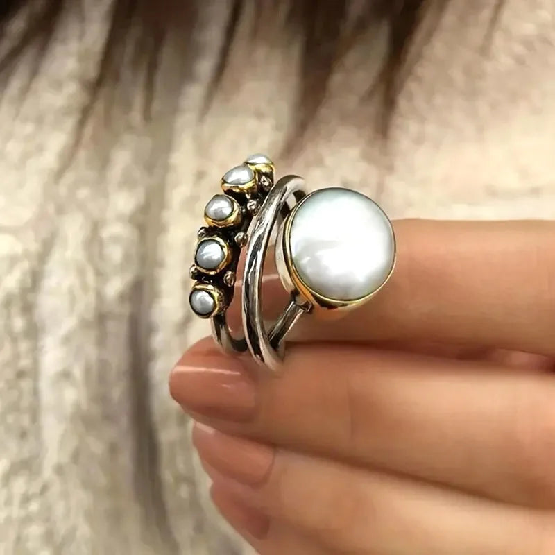 Elegant Silver Pearl Stacking Layered Ring Set - Elena Harper