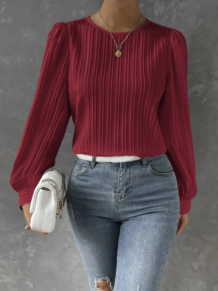 Textured Women's Blouse with Round Neck – Elegant Casual Top with Puff Sleeves