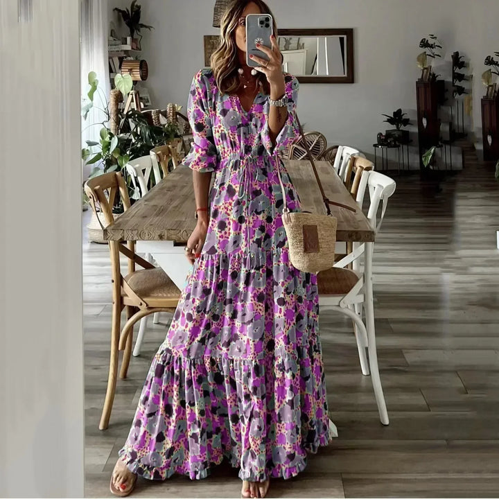 Liora V-Neck Printed Swing Maxi Dress - Elena Harper