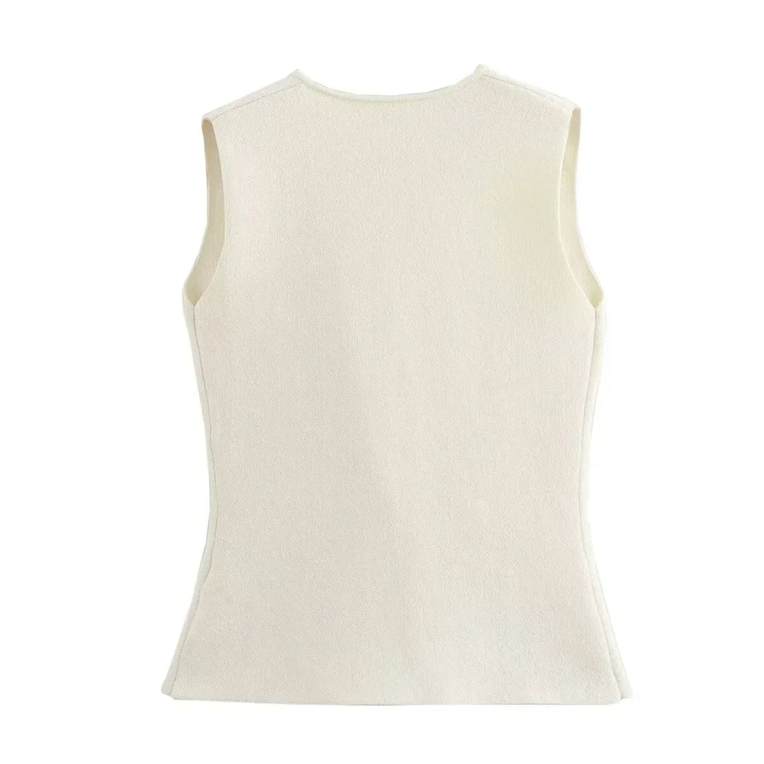 Button Front Knitted Vest Top with Sleeveless Design