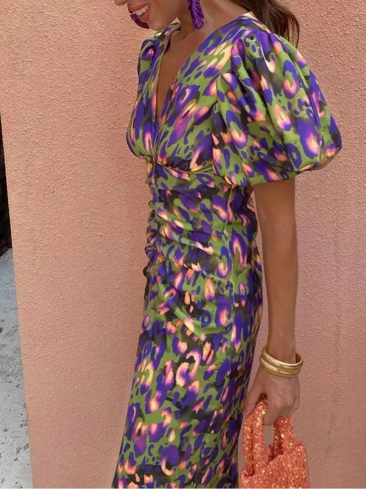 Elegant Midi Dress with Voluminous Sleeves - Elena Harper