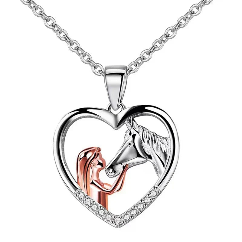 Beautiful Heart Zircon Girl and Horse Necklace, view 5 - Elena Harper