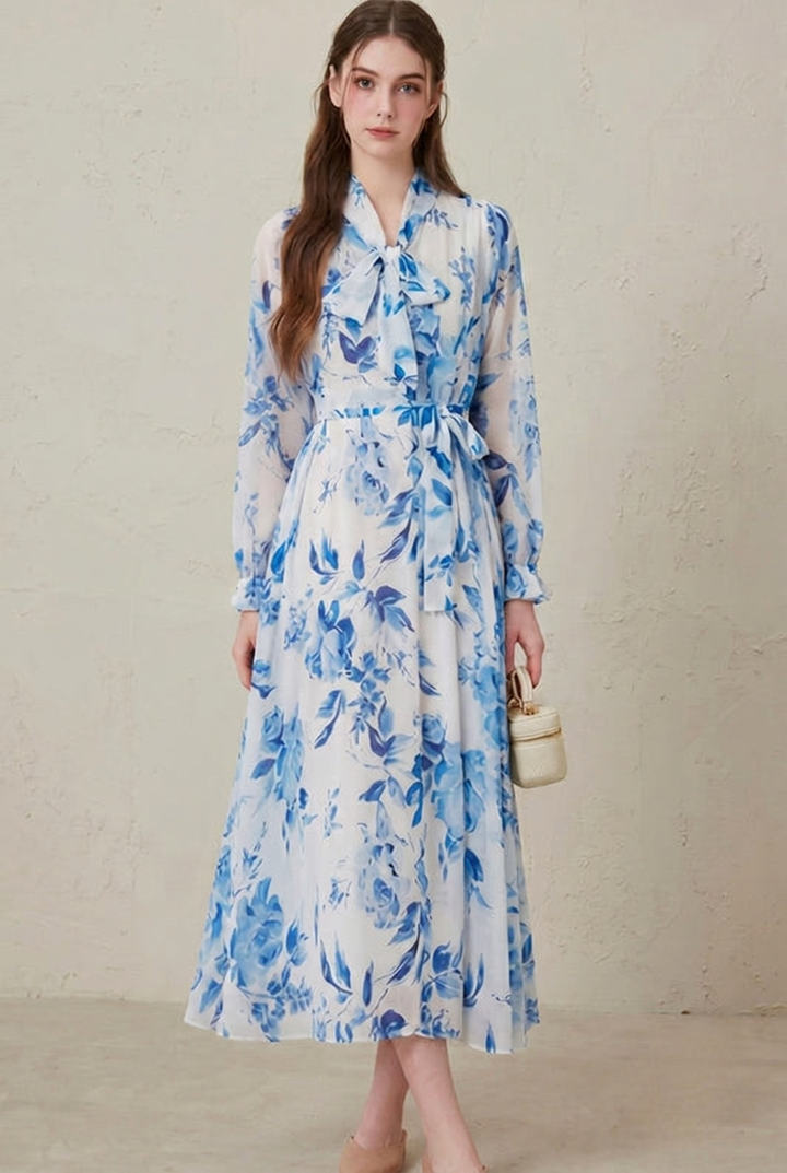 Women's Blue Porcelain Print Long Sleeve Maxi Dress