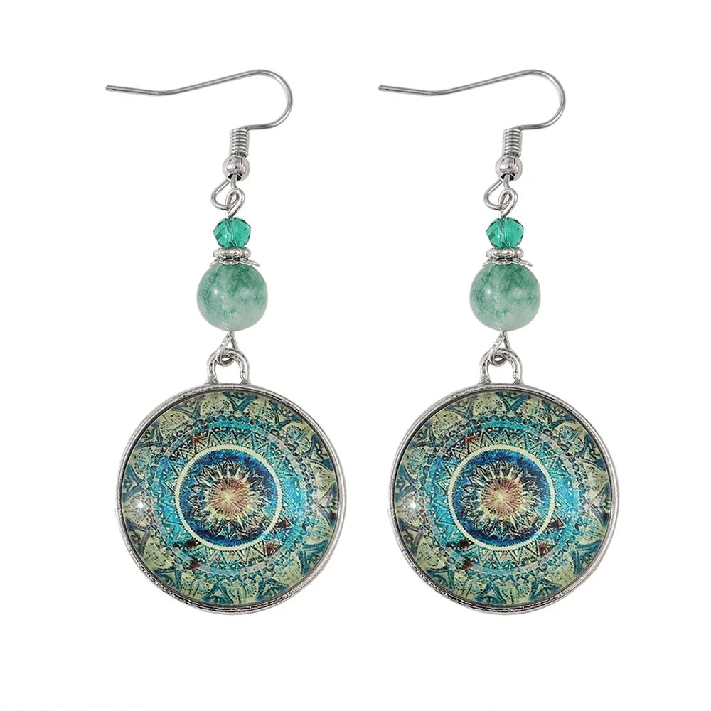 Boho Mandala Glass Disc Drop Earrings - Elena Harper