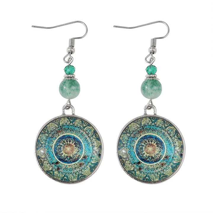 Boho Mandala Glass Disc Drop Earrings - Elena Harper