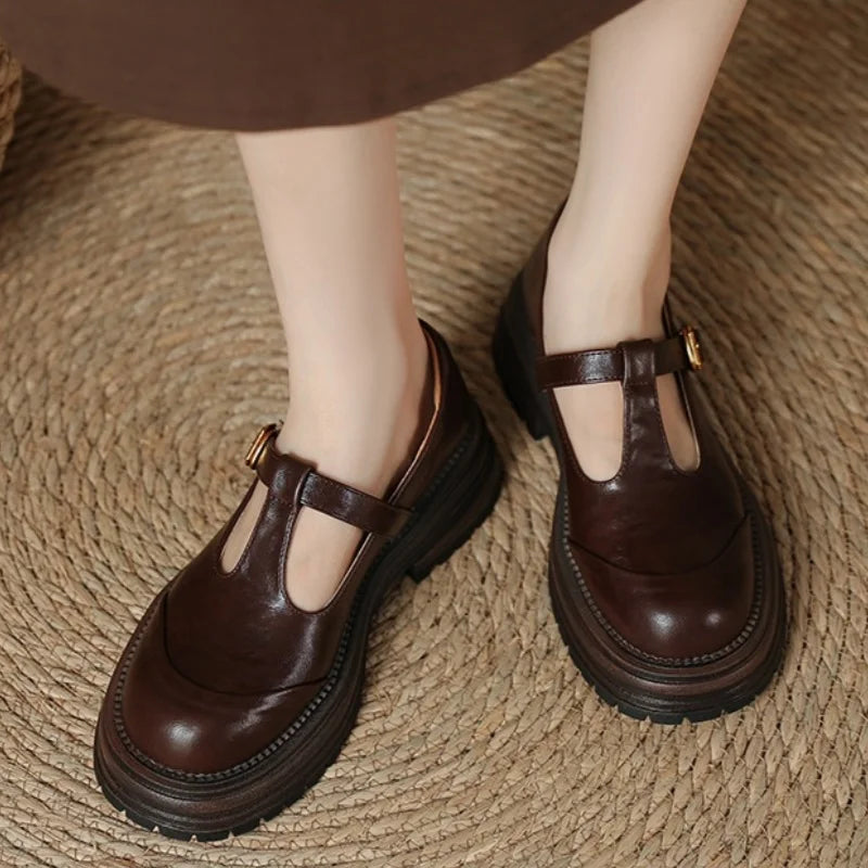 Women's T-Bar Mary Jane Shoes Round Toe Brogue Detail