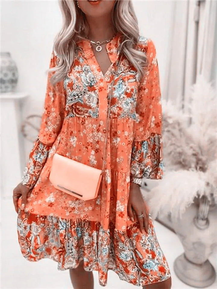 Helena- Floral V-Neck A-Line Dress - Elena Harper