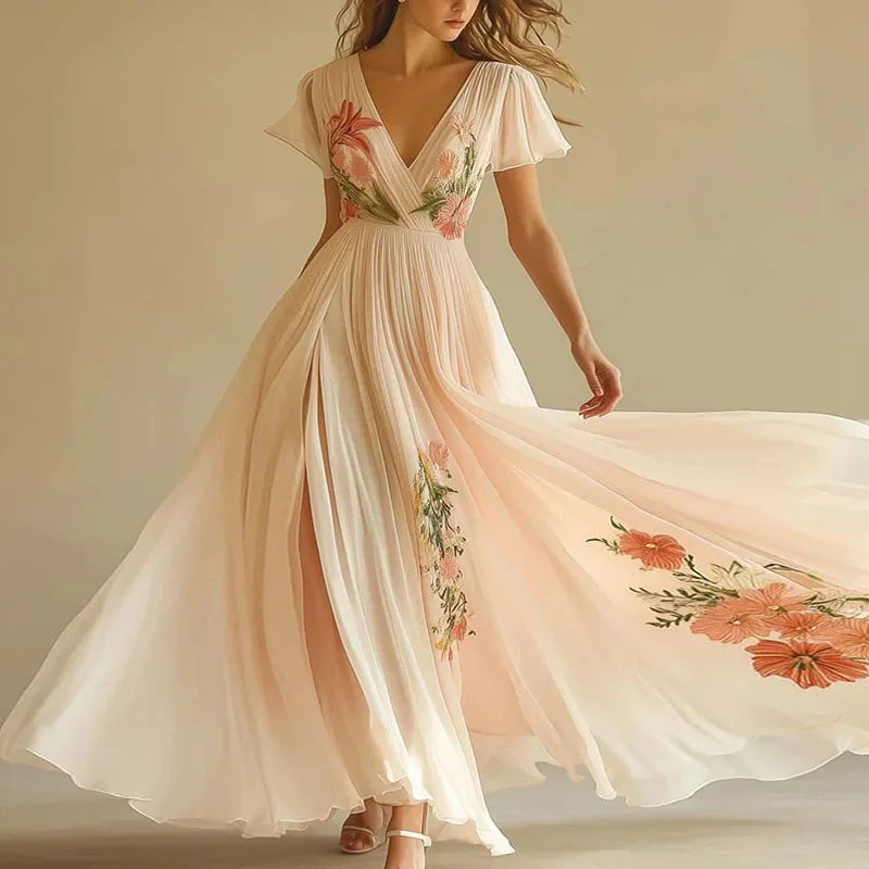 Rose Elegant party dresses with V-neck and high waist - Elena Harper