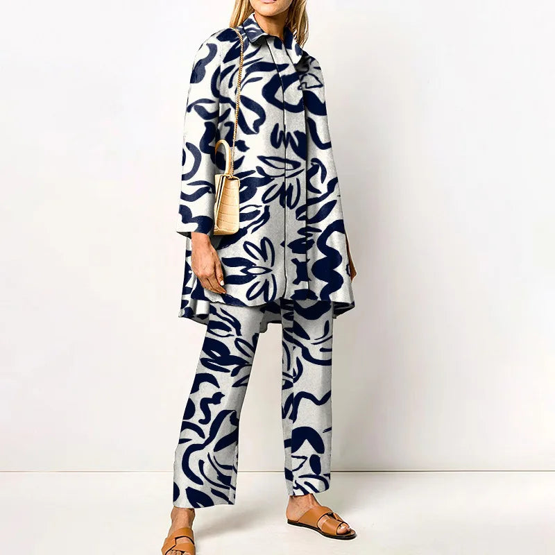 Elegant Vintage Two-Piece Set for Women – Trendy Blouse and Pants