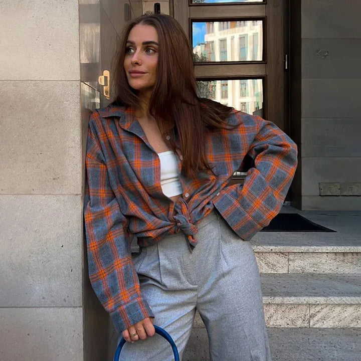 Women's Oversized Winter Checkered Shirt with Brushed Finish - Elena Harper