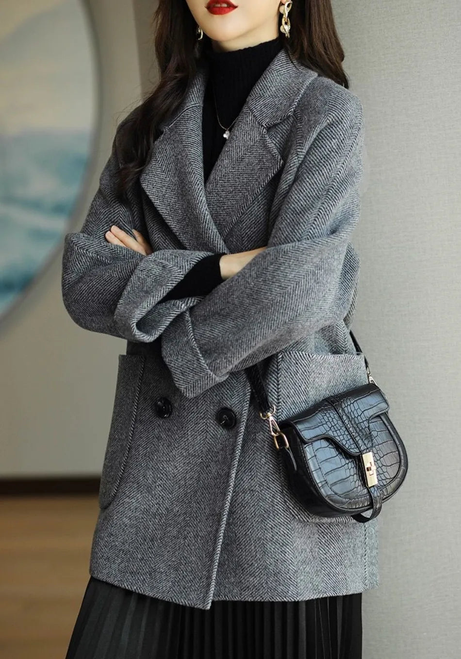 Double-Breasted Premium Wool Autumn Coat with Notched Collar and Oversized Pockets, view 7 - Elena Harper