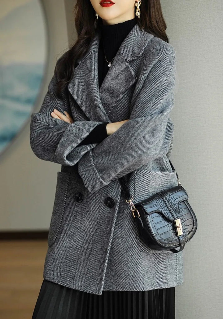 Double-Breasted Premium Wool Autumn Coat with Notched Collar and Oversized Pockets, view 7 - Elena Harper