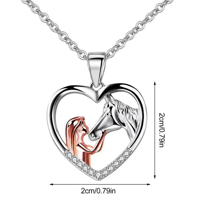 Beautiful Heart Zircon Girl and Horse Necklace, view 4 - Elena Harper