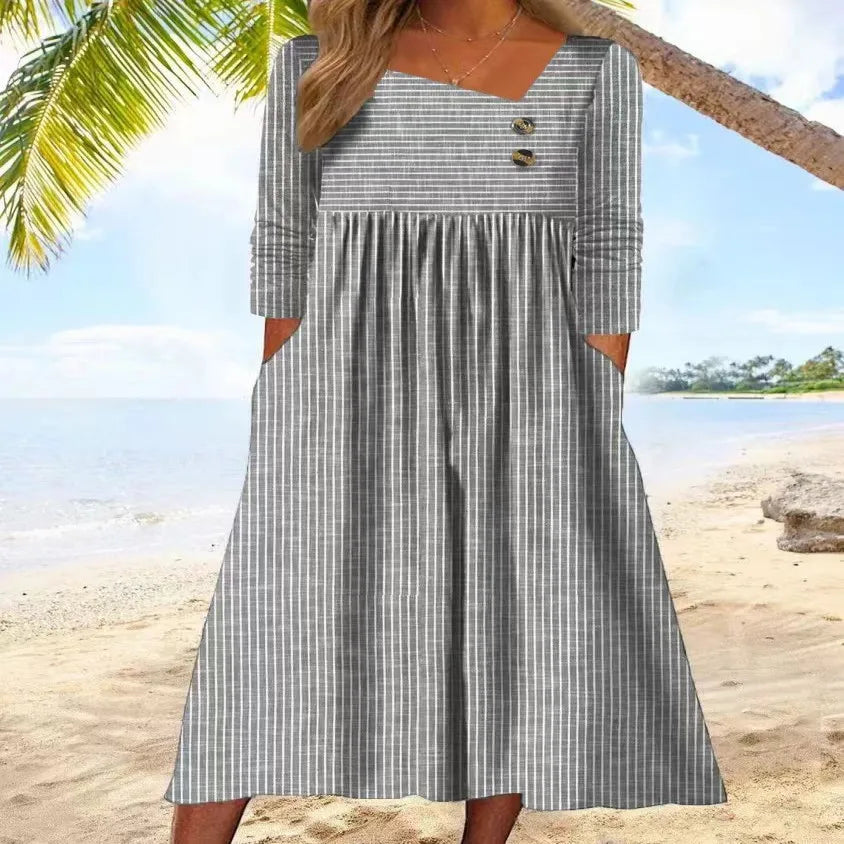 Gabi Striped Cotton Midi Dress with Relaxed Elegance - Elena Harper
