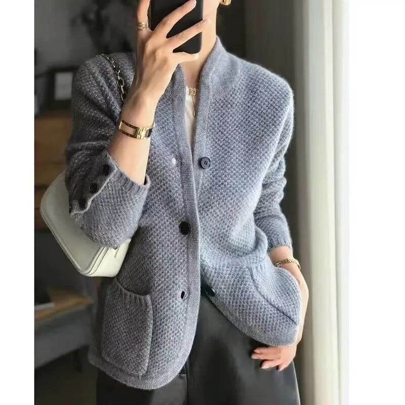 Elara | Structured Knit Cardigan with Modern Stand Collar for Women