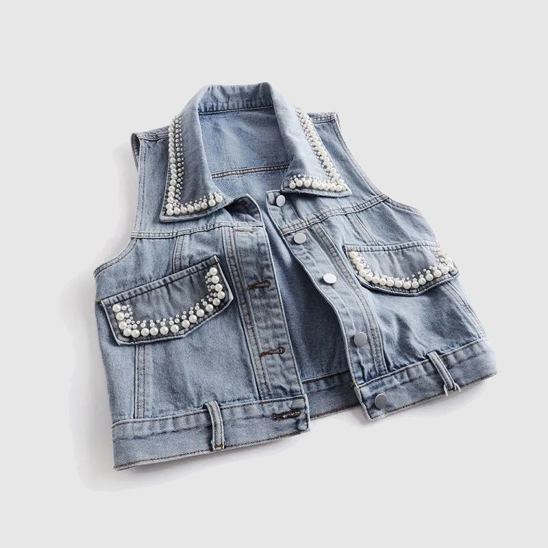 Lexy Denim Vest with Pearls, view 3 - Elena Harper