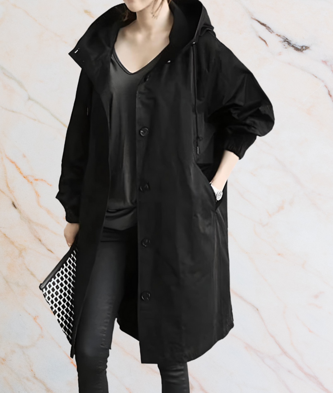 Stephane Oversized and Long Coat Jacket with Buttons and Deep Side Pockets, view 5 - Elena Harper