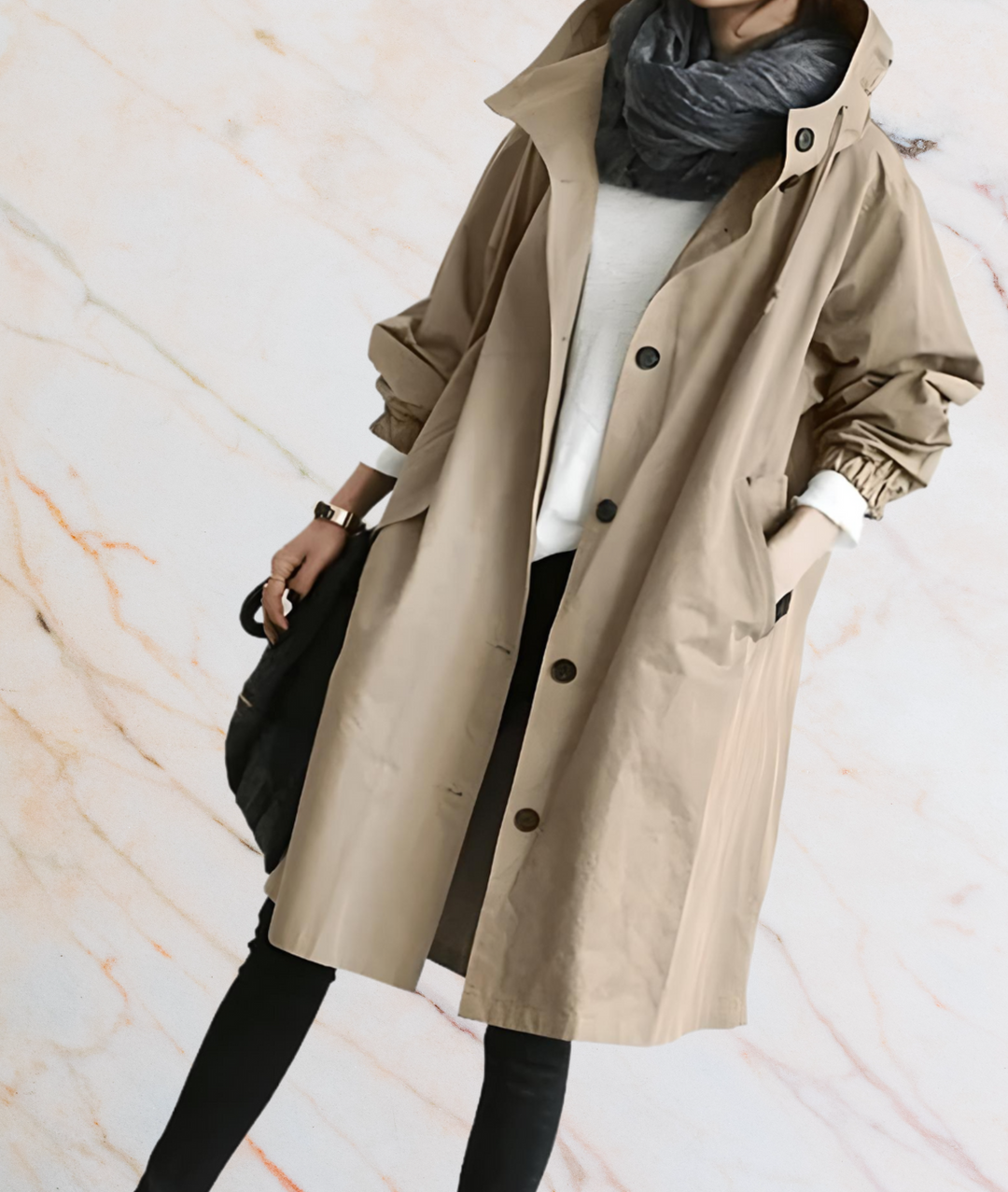 Stephane Oversized and Long Coat Jacket with Buttons and Deep Side Pockets, view 7 - Elena Harper