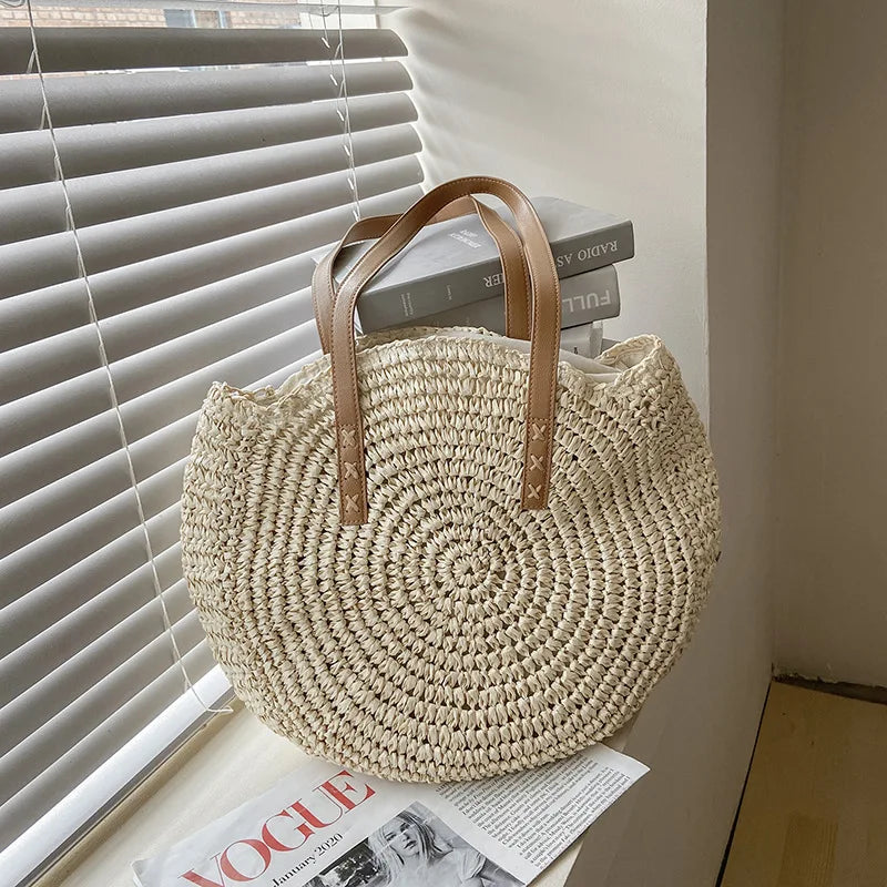 Arnora | Round Woven Handbag with Faux Leather Straps