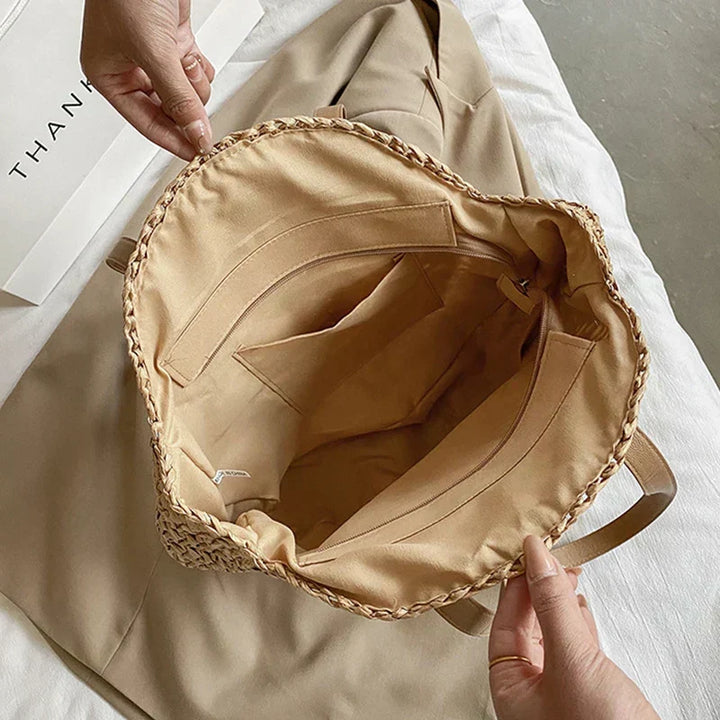 Arnora | Round Woven Handbag with Faux Leather Straps