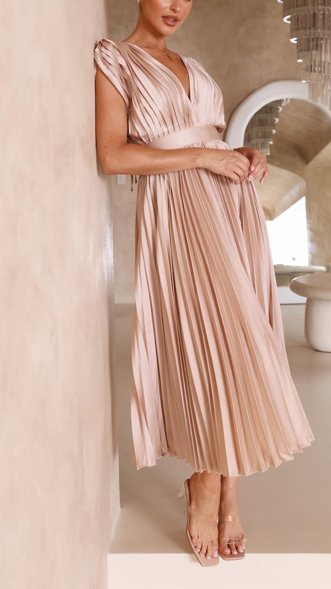 Aliyah Elegant Pleated Midi Dress - Elena Harper
