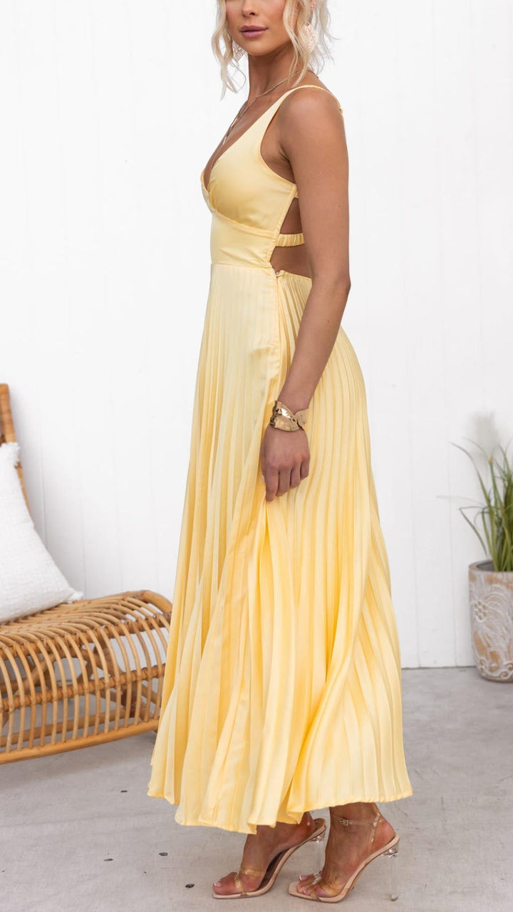 Aby Long Yellow Dress with Pleats in V - Elena Harper