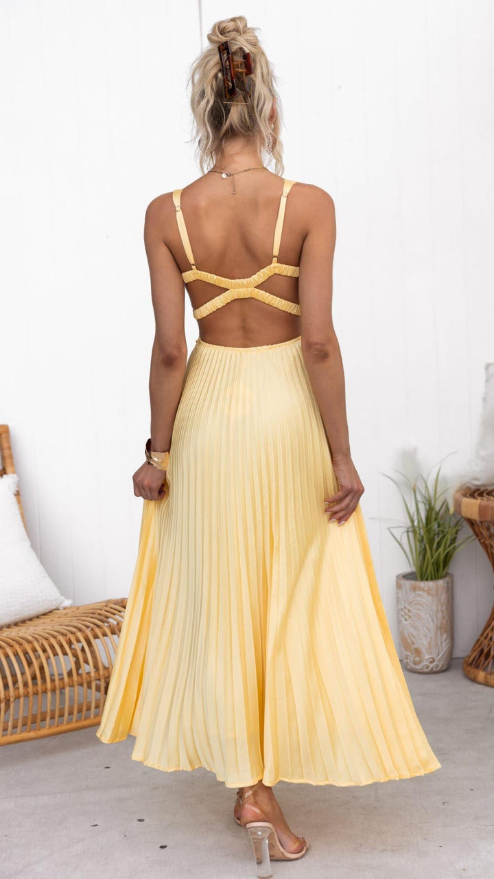 Aby Long Yellow Dress with Pleats in V - Elena Harper