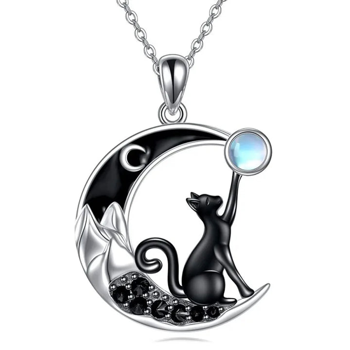 Black Cat Moon Crystal Pendant Necklace, view 3 - Elena Harper