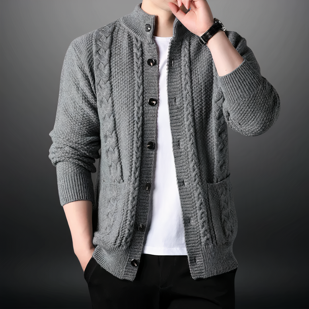 Men's Cardigan with Cable Pattern and High Collar