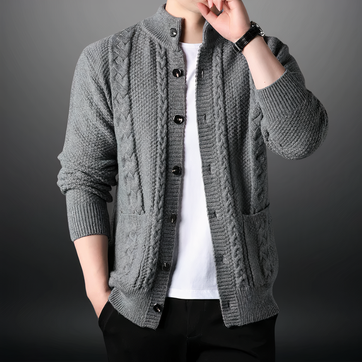 Men's Cardigan with Cable Pattern and High Collar