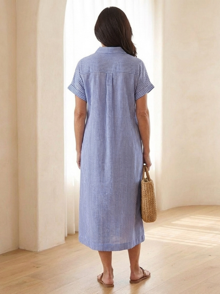 Women's Striped Button Front Short Sleeve Midi Dress