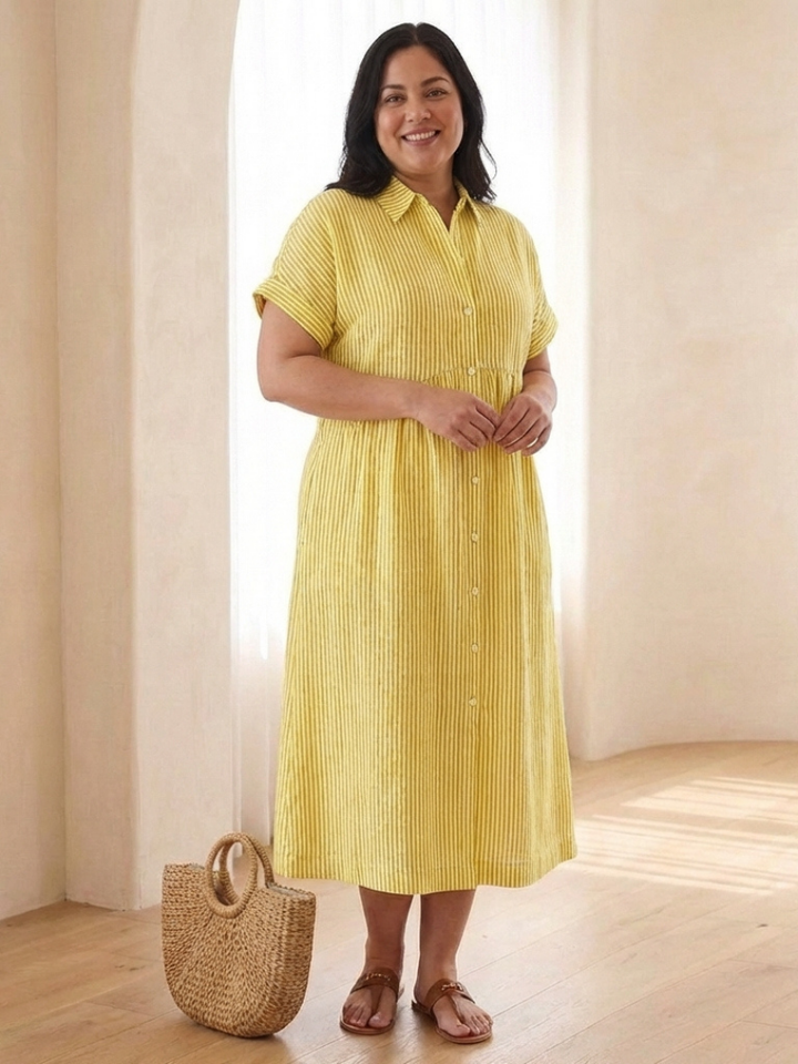 Women's Striped Button Front Short Sleeve Midi Dress