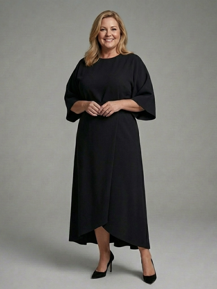 Women's Waist Defined Cape Sleeve Asymmetric Midi Dress