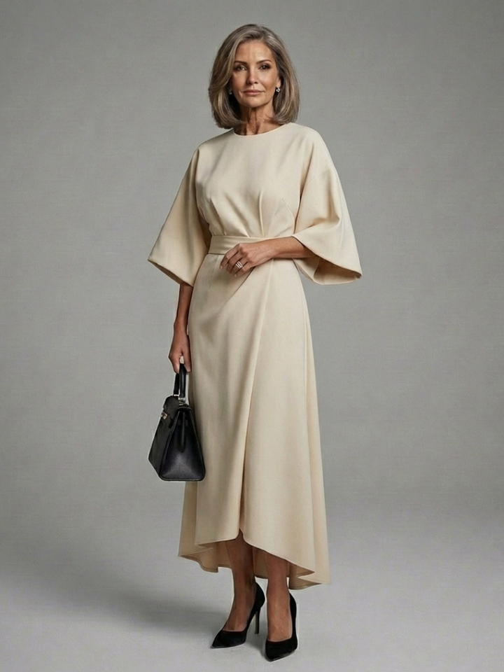 Women's Waist Defined Cape Sleeve Asymmetric Midi Dress