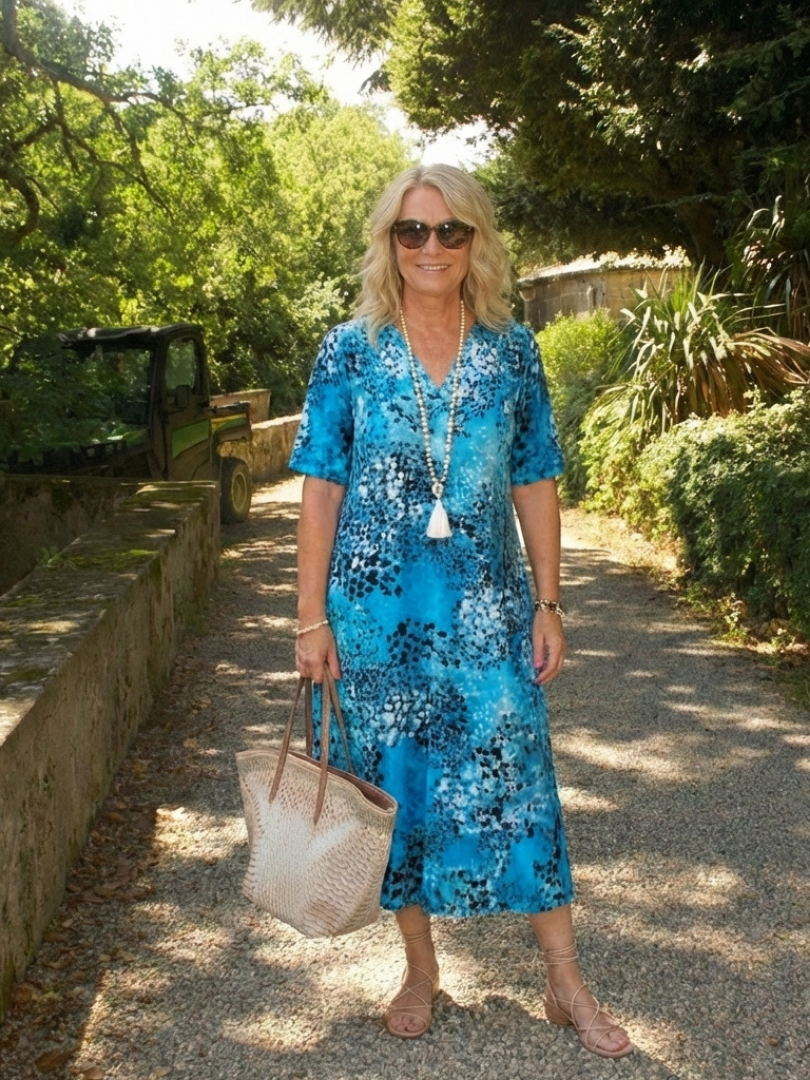 Althea Short Sleeve V Neck Printed Midi Dress - Elena Harper