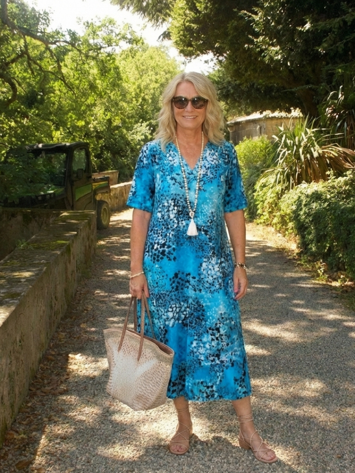 Althea Short Sleeve V Neck Printed Midi Dress - Elena Harper